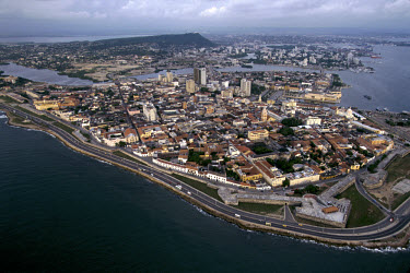 Aerial view of the walled colonial city on the Caribbean.