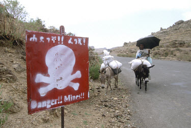 'Danger! Mines!' - sign near the village of Senafe, which was until recently occupied by Ethiopian troops fighting in the war between Eritrea and Ethiopia. The village is inside the Temporary Security...