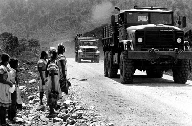 Mexican army trucks on the road in the heartland of the Zapatista National Liberation Army (EZLN). Led by the charismatic Subcommandante Marcos, they fight for the rights of Mexico's indigenous Indian...