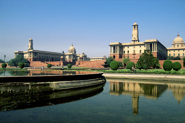 Government buildings designed by Sir Edwin Lutyens. The north (at right) and south (at left) Secretariat buildings house the Ministries of Finance and External Affairs respectively.