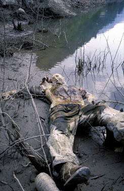 The decomposing bodies of murdered civilians dumped in the Drina River, some tied together with barbed wire. Many of the dead came from the Foca area. War crimes.