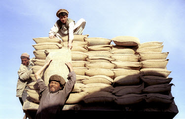 Wheat aid from Tajikistan arrives in Zaat Kamaar. The local population are just beginning to return to their village, which had been the Northern Alliance front line until the Taliban forces fled 12 d...