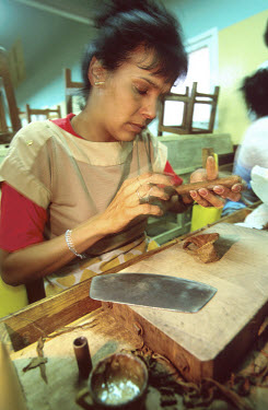 Woman working in a small cigar factory.
