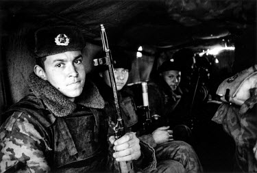 Young Russian conscripts in an army truck, just before their unit entered Grozny at the beginning of the Russian offensive to retake the city.
