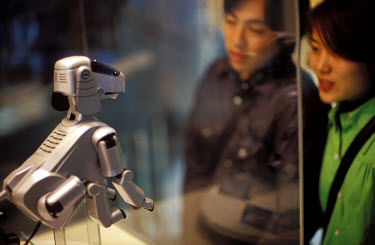 A couple admire the Sony 'Aibo' robot dog, on display in the Sony Building.
