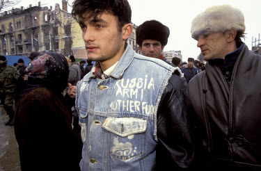 A Chechen youth expresses his hatred for the Russian army on his jacket during a demonstration.