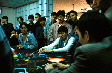 A tense moment as a Chinese gambler prepares to turn a card with 10,000 Yuan (US$1200) resting on the result. The casino is in no-man's land between border posts at the Jiegao border settlement on the...