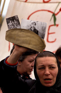 Mothers who lost sons in the war in Afghanistan demonstrating at the annual May day celebrations.For the first time ever, and in the spirit of glasnost, Moscow City Council allowed protest groups int...