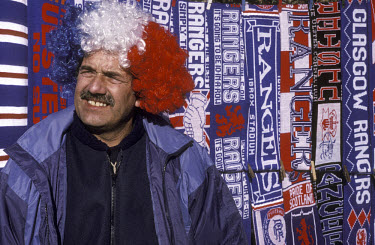 Stall selling Rangers scarves.The 'Old Firm' rivalry between Celtic and Rangers is renowned as the world's most intense football derby.