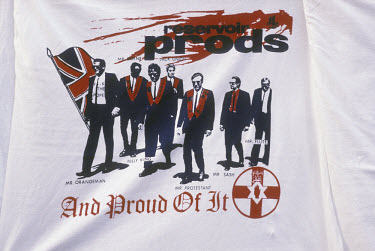 A Rangers T-shirt on sale outside the ground, using a parody of the film 'Reservoir Dogs' to demonstrate the supporters' particular brand of Protestantism.The 'Old Firm' rivalry between Celtic and Ra...