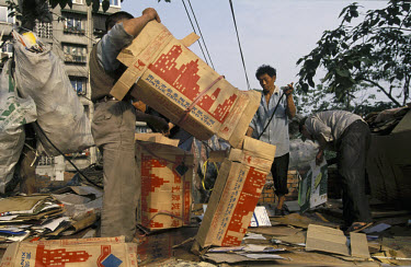 Men collecting cardboard boxes for recycling.
