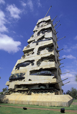 The Hope for Peace Memorial, a massive sculpture by the French artist Arman (Armand Fernandez) unveiled in 1996. Discarded tanks and other weaponry are embedded in concrete.