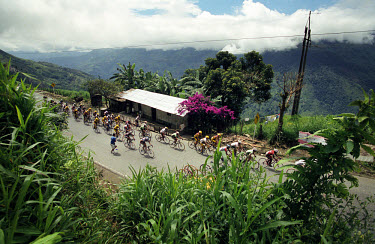 Cyclists on a mountain stage in the Vuelta a Colombia. The 53rd Vuelta a Colombia took place against a backdrop of civil war and violence. The bicycle race is guarded along its entire route by heavily...