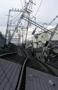 Buckled train track, part of the destruction in the aftermath of the Hyogo earthquake which killed over 6,000 people.