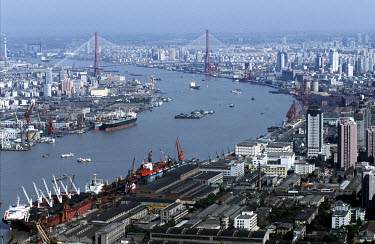 Aerial view of the Huangpu River. The river is a tributary of the Yangtze and the main artery for the country's largest city.