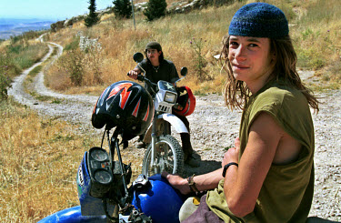 Young settlers on their motorbikes on the outskirts of  the Jewish settlement of Bat A'in.  The settlement is inhabited by ultra-orthodox Jews, maintaining an environmental-friendly way of life, combi...
