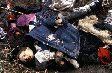 The bodies of people killed by helicopter gunships after taking refuge in a ditch while fleeing the besieged town of Pervomaiskoe during the hostage crisis in January 1996, when Chechen militants took...