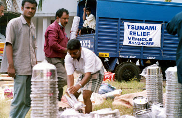 Cooking implements and other aid being distributed by a local NGO following the tsunami which struck South Asia on 26/12/2004. An underwater earthquake measuring 9 on the Richter scale triggered a ser...