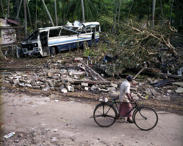 The wreckage of a bus and railway tracks following the tsunami which struck South Asia on 26/12/2004. An underwater earthquake measuring 9 on the Richter scale triggered a series of tidal waves which...