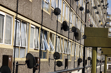 Satellite dishes on the Heygate estate, Elephant & Castle. The area has one of London's highest levels of poverty and has been earmarked for a major regeneration project.