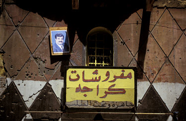 A portrait of Rafik Hariri, prime minister of Lebanon between 1992-98 and 2000-04, outside a house. Hariri was killed in a car bombing on 14/02/2005.