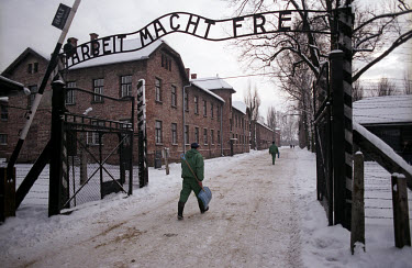 The words "Arbeit macht frei" ("Work makes us free") over the gate to the Auschwitz Nazi concentration camp. It is estimated that between 1.1 and 1.5 million Jews, Poles, gypsies and others were kille...