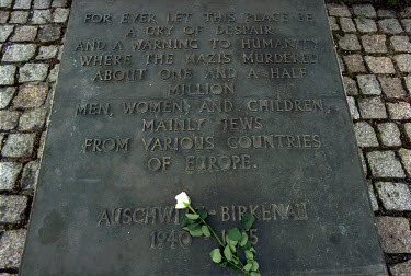 Flowers left by visitors on a memorial plaque at the Auschwitz Nazi concentration camp. It is estimated that between 1.1 and 1.5 million Jews, Poles, gypsies and others were killed here in the Holocau...