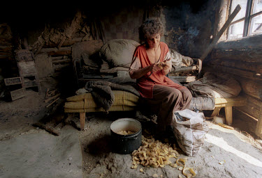 Vlasta Misalkova, a 38 year old Roma gypsy, peeling potatoes in the one-room log cabin where she lives with her husband and four children.  The settlement has no running water or basic sanitation.