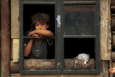 Slavka Misalkova, a Roma gypsy girl, at the window of the one-room log cabin where she lives with her parents and four siblings. The settlement has no running water or basic sanitation.