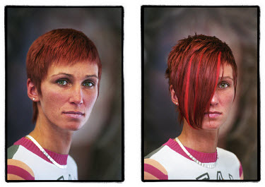Before and after portraits of a woman who has had hair extensions added in a hairdressing salon. The cost can be as much as 1500 euros for a full head of hair.