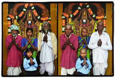 Before and after portraits of a family who had their heads shaved at Tirumala Tirupati Devasthanam Hindu temple, where pilgrims are encouraged to surrender their hair to Lord Venkateswara. Dharma (lef...