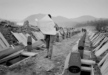 Empty graves at the memorial centre at Potocari, near Srebrenica, prior to a mass burial of some of the victims of the massacre. An estimated 8,000 Bosniak (Muslim) men and boys from Srebrenica were m...