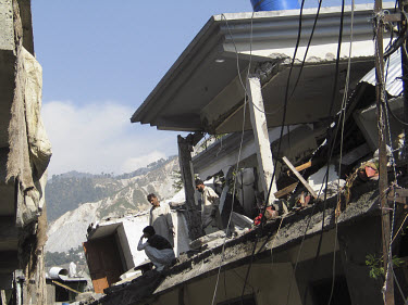 Partially collapsed buildings, damaged by the earthquake which struck Pakistani-administered Kashmir on 08/10/2005. At least 40,000 people were killed by the 7.6 magnitude earthquake.