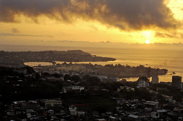 View at sunset over Freetown bay towards the harbour, one of the world's largest ports.