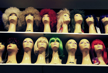 Wigs made from human hair for sale in a shop in Matonge, the Congolese district of the Belgian capital.