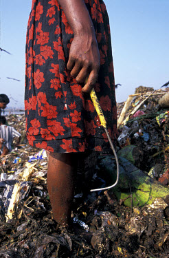 A Girl carries her aluminum hooked stick, with which she picks over the mounds of rubbish at the Kajla rubbish dump in search of saleable items.  It is one of three landfill sites in this city of twel...