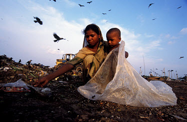 A woman, carrying her young son, picks over the surface of the Kajla rubbish dump in search of saleable items, as scavenging birds circle overhead.  The Kajla rubbish tip is one of three landfill site...