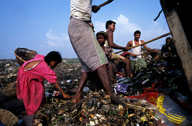 The city corporation's rubbish truck unloads refuse at the Kajla rubbish tip, which is one of three landfill sites in this city of twelve million people.  Around 5,000 tonnes of garbage are dumped her...