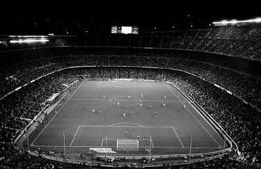 FC Barcelona supporters in Camp Nou watch the football match against Malaga. The stadium holds 98,000 spectators.