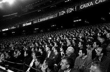 FC Barcelona supporters in Camp Nou watch the football match against Real Madrid, 'El Clasico'. The stadium holds 98,000 spectators.