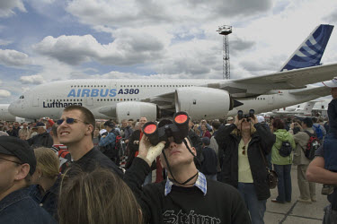 Aeroplane enthusiasts at the International Aviation Exhibition (ILA) at Schoenefeld Berlin-Brandenburg airport. Visitors were able to view a Lufthansa Airbus A380, the world's largest passenger plane,...