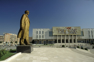 Statue of Enver Hoxha, the former Albanian Prime Minister and leader of the Communist Albanian Party of Labour, in Skanderbeg Square.