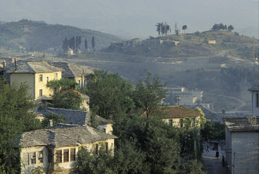 View over houses and a valley in the birthplace of the former Albanian Prime Minister, Enver Hoxha.