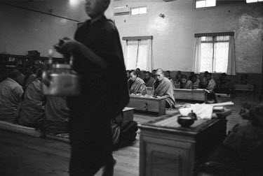 Exiled Tibetan nuns in the dining room of the convent.