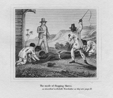 An image of slaves being flogged as printed in 'The West Indies as they are' by the Rev. Richard Bickell.