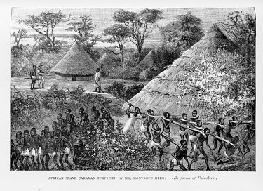 An image of an African slave caravan, entitled 'African slave caravan surprised by Mr. Montague Kerr', printed in the Anti-Slavery Reporter publication (January - February 1887).