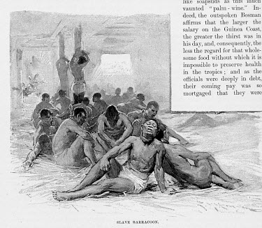 An illustration of chained slaves sitting in a slave barracoon as printed in 'The Story of Africa and its Explorers' by Robert Brown.