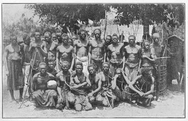 Two rows of men with ropes around their necks at a forced labour rubber camp in the Kasai. The image was printed in the May 1908 edition of the Official Organ of the Congo Reform Association.