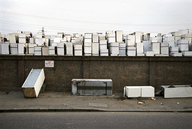 Disused fridges and freezers on a dumping ground in Hackney Marshes. The Hackney Marshes area in East London is being regenerated by the 2012 Olympic Games development.