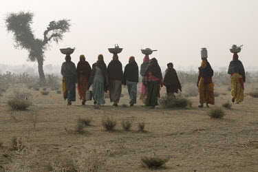 Women carry food, water and cooking pots on their heads in the early morning as they walk to work at a rainwater harvesting project. Rajasthan has been suffering from a drought for the last eight year...
